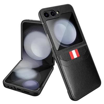 For Samsung Galaxy Z Flip7 FE 5G / Z Flip6 5G Case Litchi Texture PU+PC Phone Cover with Screen / Lens Film - Black