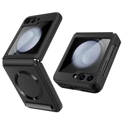 For Samsung Galaxy Z Flip7 FE 5G / Z Flip6 5G Magnetic Case Kickstand PC+PU Phone Cover with Screen / Lens Film - Wheat Black
