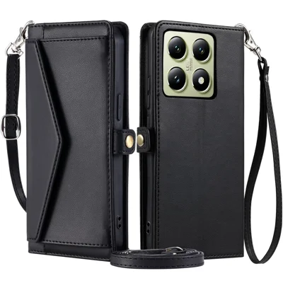 For Xiaomi 14T Leather Case Wallet Stand Phone Cover with Straps - Black