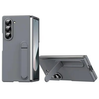 For Samsung Galaxy Z Fold5 5G Case Kickstand PC Phone Cover with Alloy Lens Ring - Grey