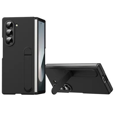 For Samsung Galaxy Z Fold6 5G Case Kickstand PC Phone Cover with Alloy Lens Ring - Black