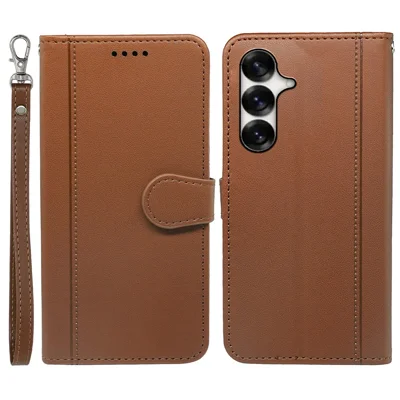 For Samsung Galaxy S25+ Wallet Case Magnetic Snap Leather Phone Cover with Strap - Brown