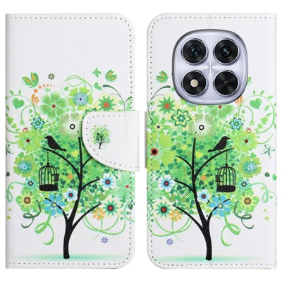 For Xiaomi Redmi Note 14 Pro+ 5G / Note 14 Pro 5G / Poco X7 5G Læderet Taskase med Mønsterprint og Krydset Struktur til Telefon - Grøn Træ