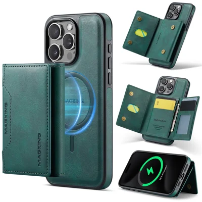 MAGKING K2 Series For iPhone 15 Pro Case Compatible with MagSafe PC+TPU+PU Leather RFID Blocking Phone Cover with Wallet - Green