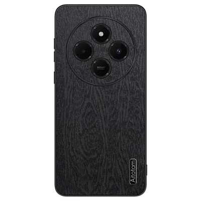 For Xiaomi Poco C75 4G / Redmi 14R 5G / 14C 4G Case Wood Texture PU Leather Coated PC+TPU Phone Cover - Black