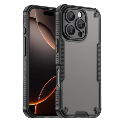 Armor Series For iPhone 16 Pro Case PC+TPU Semi-Transparent Frosted Finish Protective Phone Cover - Black