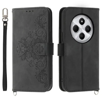 Wallet Case For Xiaomi Poco C75 4G / Redmi 14R 5G / 17C 4G / 14C 4G Flower Pattern PU Leather Phone Cover with Strap - Black