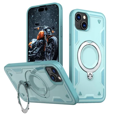 Voor iPhone 15 Hoesje Compatibel met MagSafe Militaire Bescherming PC+TPU Zwenkstandaard Telefoonhoesje - Babyblauw