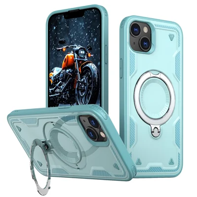 Voor iPhone 14 / 13 Hoesje Compatibel met MagSafe Militaire Bescherming PC+TPU Zwenkstandaard Telefoonhoesje - Babyblauw