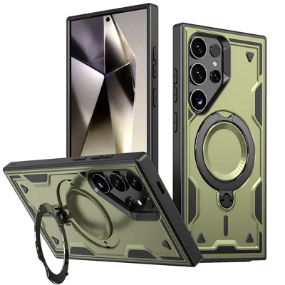 For Samsung Galaxy S23 Ultra / S22 Ultra 5G Magnetic Case Military Protection PC+TPU Kickstand Phone Cover - Olive Green