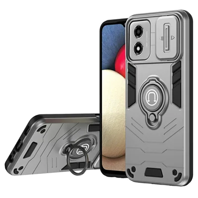 Obudowa do Motorola Moto E14 4G z suwakiem chroniącym aparat, podstawką i uchwytem PC+TPU - Szara