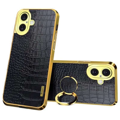 Voor iPhone 16 Plus hoesje met krokodillenstructuur Ring Kickstand TPU+Lederen electroplating telefoonhoes - Zwart