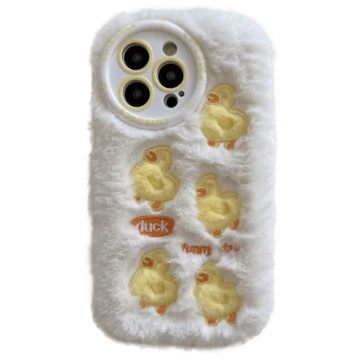 For iPhone 16 Pro Case Duck Embroidery Furry Warm Plush Soft TPU Phone Cover - White