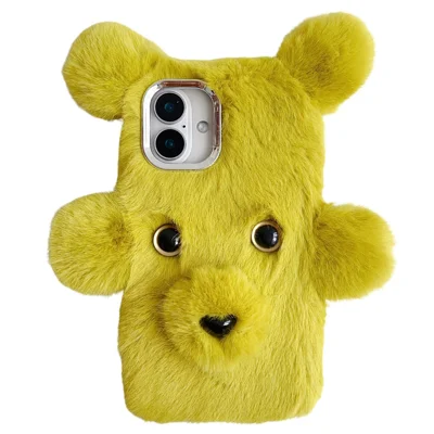 For iPhone 16 Plus Case 3D Bear Faux Fur Fluffy Inner TPU Phone Cover - Green