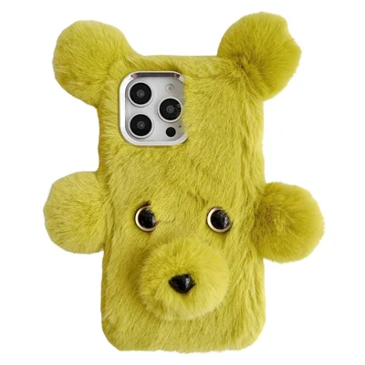 For iPhone 16 Pro Max Case 3D Bear Faux Fur Fluffy Inner TPU Phone Cover - Green
