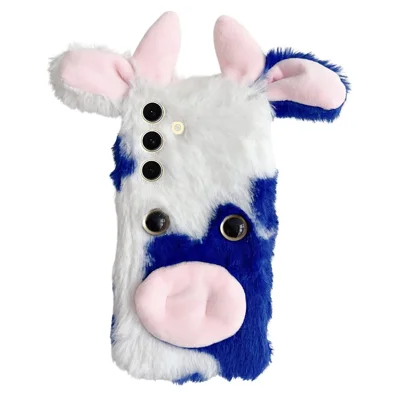 For Samsung Galaxy S25+ Case Fluffy Cute Cow Winter Plush Inner TPU Phone Cover - Blue