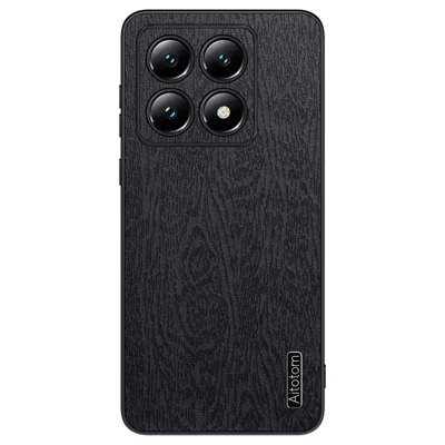 For Xiaomi 14T Pro Case Wood Texture PU Leather Coated PC+TPU Phone Cover - Black