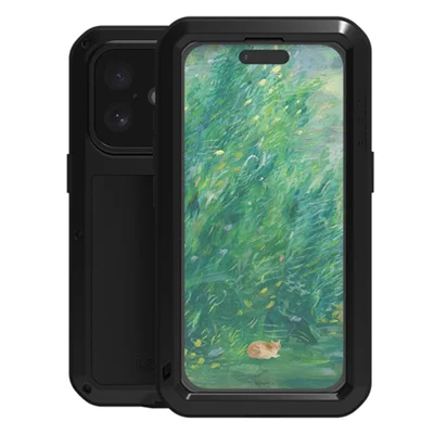 LOVE MEI For iPhone 16 Case with Tempered Glass Film Metal+Silicone Phone Cover - Black