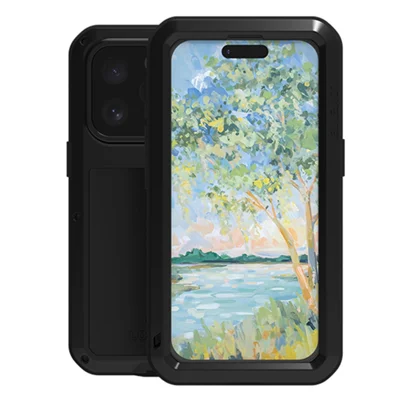 LOVE MEI For iPhone 16 Pro Max Case with Tempered Glass Film Metal+Silicone Phone Cover - Black