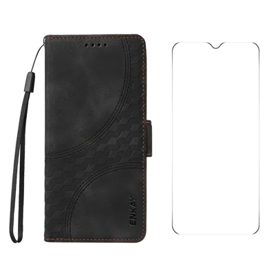 ENKAY For Xiaomi Poco C75 4G / Redmi 14R 5G / 14C 4G Wallet Case Imprint PU Leather Phone Stand Cover with Tempered Glass - Black