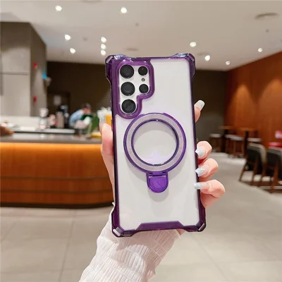 Voor Samsung Galaxy S23 Ultra hoesje met glitter magnetische standaard en verstevigde hoeken Acryl+TPU telefoonhoes - Paars