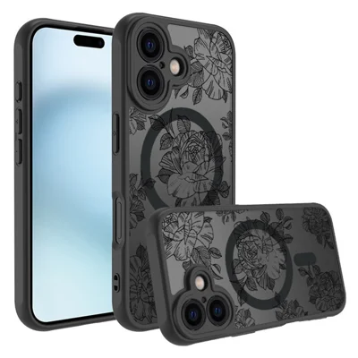 For iPhone 16 Plus Case Compatible with MagSafe Clear Floral Pattern Matte Anti-Drop TPU+PC Phone Cover