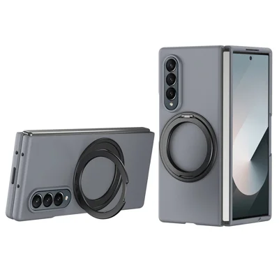 For Samsung Galaxy Z Fold4 5G Magnetic Case Ring Kickstand Hard PC Cover with Tempered Glass Screen Film - Grey
