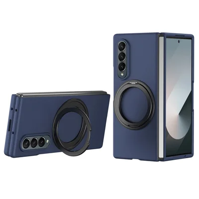 For Samsung Galaxy Z Fold4 5G Magnetic Case Ring Kickstand Hard PC Cover with Tempered Glass Screen Film - Sapphire