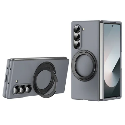 For Samsung Galaxy Z Fold5 5G Magnetic Case Ring Kickstand Hard PC Cover with Tempered Glass Screen Film - Grey