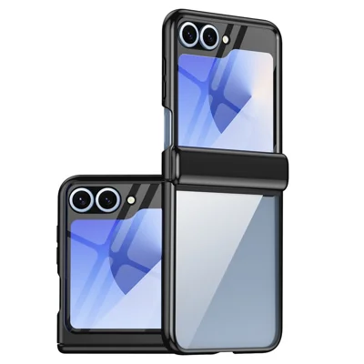 For Samsung Galaxy Z Flip5 5G Case with Rear Screen Film Hinge Protection Electroplating Clear PC Phone Cover - Black