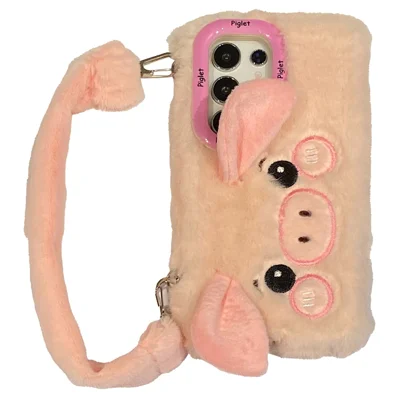 KJS-019 For Samsung Galaxy S24 Ultra Case Lens Kickstand TPU Piglet Plush Handheld Phone Cover - Pink