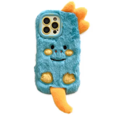 KJS-027 For iPhone 15 Pro Max Case Monster Dinosaur Lens Kickstand TPU Warm Plush Phone Cover