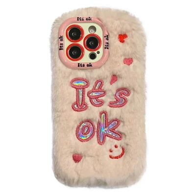 KJS-006 For iPhone 15 Pro Max Case It’S OK Lens Kickstand TPU Plush Furry Phone Cover - Pink