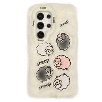 KJS-007 For Samsung Galaxy S24 Ultra Case Embroidered Sheeps Lens Kickstand TPU Plush Furry Phone Cover - White