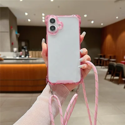 Til iPhone 16 Case TPU+Acryl Gennemsigtig Telefonbeskyttelse med Skulderrem - Pink