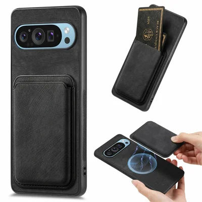 For Google Pixel 9 Pro XL Magnetic Case Leather Back Cover with Detachable Card Holder - Black