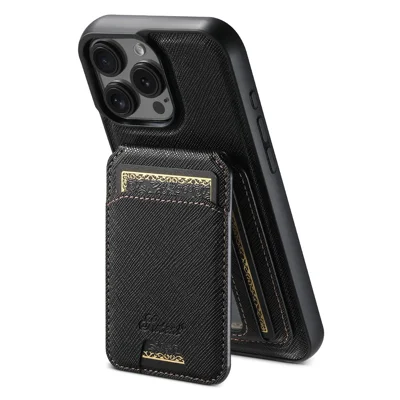 SUTENI H18 For iPhone 16 Pro Magnetic Case Cross Texture Leather+TPU Cover with Detachable Card Bag - Black