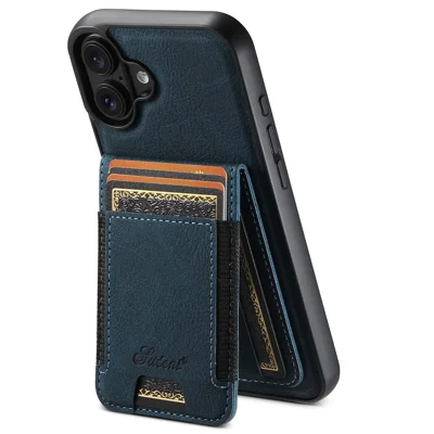SUTENI H17 Voor iPhone 16 Plus Magnetisch Hoesje met Kaartslots Leder+TPU Zwenkhoesje - Blauw