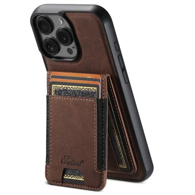 SUTENI H17 Voor iPhone 16 Pro Magnetisch Hoesje met Kaartvakken Leer+TPU Zwenkhoesje - Bruin