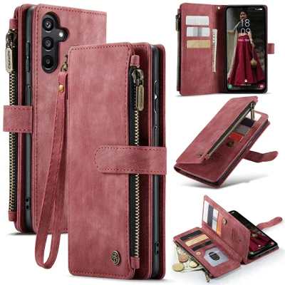 CASEME For Samsung Galaxy A16 5G / A16 4G Phone Cases with Strap  C30 Zipper Multiple Card Holder PU Leather Cover - Red