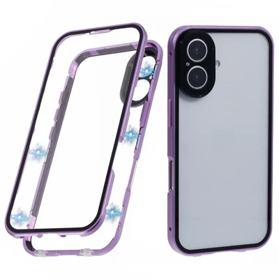 For iPhone 16 Plus Case Magnetic Adsorption Double Sides Tempered Glass+Metal Phone Cover with Buckle - Purple