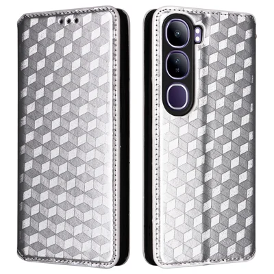 For vivo V40 Lite (Indonesia) 4G / 5G Wallet Case Rhombus Imprinted Leather Phone Cover - Silver