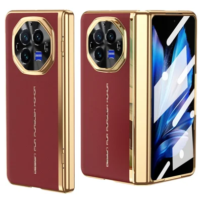 Voor vivo X Fold3 Hoesje PU Leer+PC Galvaniseren Telefoonhoesje met Gehard Glas Schermfolie - Rood