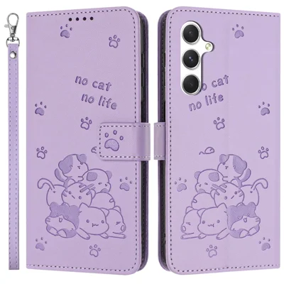 For Samsung Galaxy A05s 4G Case with Strap Cats Imprint Leather Wallet Phone Cover - Purple