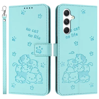 For Samsung Galaxy A15 4G / 5G Case with Strap Cats Imprint Leather Wallet Phone Cover - Green