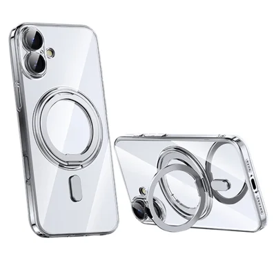For iPhone 16 Case Compatible with MagSafe Kickstand PC+TPU Phone Cover with Lens Film - Silver