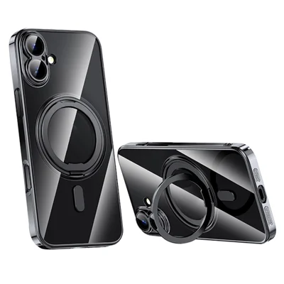 For iPhone 16 Plus Case Compatible with MagSafe Kickstand PC+TPU Phone Cover with Lens Film - Black
