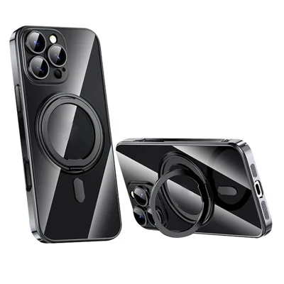 For iPhone 16 Pro Case Compatible with MagSafe Kickstand PC+TPU Phone Cover with Lens Film - Black