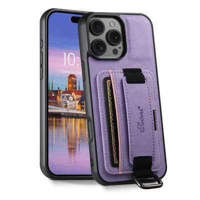 SUTENI H13 Voor iPhone 16 Pro hoesje Litchistructuur Leer+TPU+PC met kaarthouder en standaard - Paars