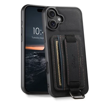 SUTENI H13 For iPhone 16 Plus Case Litchi Texture Leather+TPU+PC Cover with Card Holder Kickstand - Black